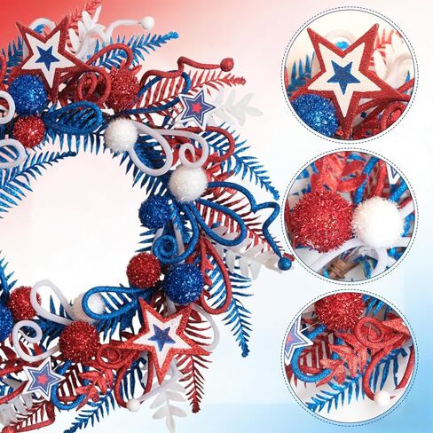 24 Inch Patriotic Glitter Stars Wreath for Front Door, Red White Blue Forth of July Door Wreath for Indoor Outdoor, Glitter Floral Patriotic Wreaths for Home Decor in Kuwait