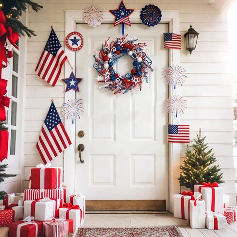 24 Inch Patriotic Glitter Stars Wreath for Front Door, Red White Blue Forth of July Door Wreath for Indoor Outdoor, Glitter Floral Patriotic Wreaths for Home Decor in Kuwait