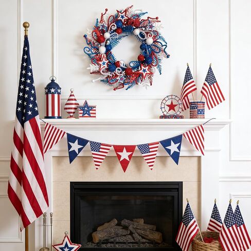 24 Inch Patriotic Glitter Stars Wreath for Front Door, Red White Blue Forth of July Door Wreath for Indoor Outdoor, Glitter Floral Patriotic Wreaths for Home Decor in Kuwait