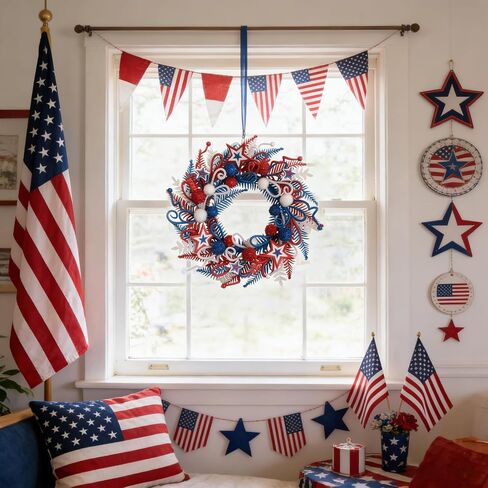 24 Inch Patriotic Glitter Stars Wreath for Front Door, Red White Blue Forth of July Door Wreath for Indoor Outdoor, Glitter Floral Patriotic Wreaths for Home Decor in Kuwait