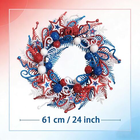 24 Inch Patriotic Glitter Stars Wreath for Front Door, Red White Blue Forth of July Door Wreath for Indoor Outdoor, Glitter Floral Patriotic Wreaths for Home Decor in Kuwait