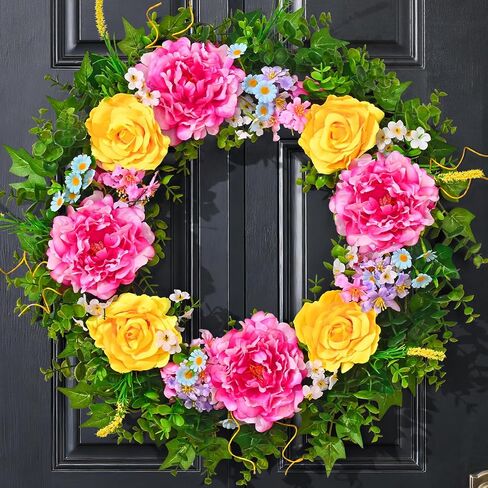 Livole 24 Inch Summer Spring Wreaths for Front Door | Large Summer Door Wreath with Peony Rose Daisy for Indoor Outdoor Home Wall Farmhouse Patio Porch Window Decor in Saudi Arabia