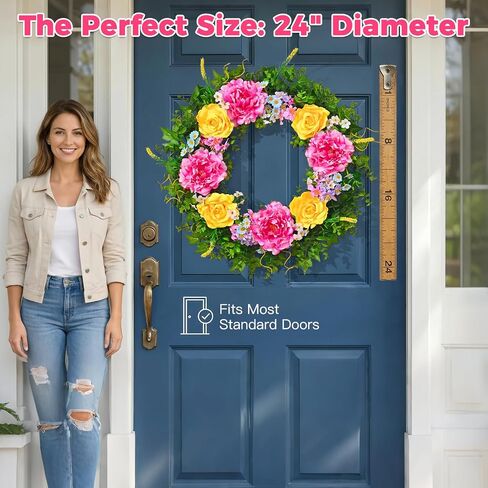 Livole 24 Inch Summer Spring Wreaths for Front Door | Large Summer Door Wreath with Peony Rose Daisy for Indoor Outdoor Home Wall Farmhouse Patio Porch Window Decor in Saudi Arabia