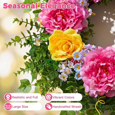 Livole 24 Inch Summer Spring Wreaths for Front Door | Large Summer Door Wreath with Peony Rose Daisy for Indoor Outdoor Home Wall Farmhouse Patio Porch Window Decor in Saudi Arabia