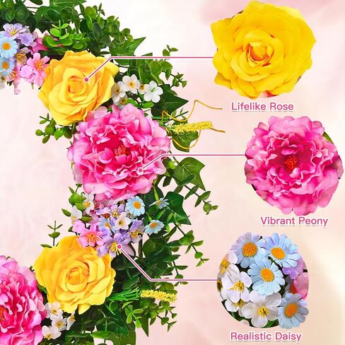 Livole 24 Inch Summer Spring Wreaths for Front Door | Large Summer Door Wreath with Peony Rose Daisy for Indoor Outdoor Home Wall Farmhouse Patio Porch Window Decor in Saudi Arabia