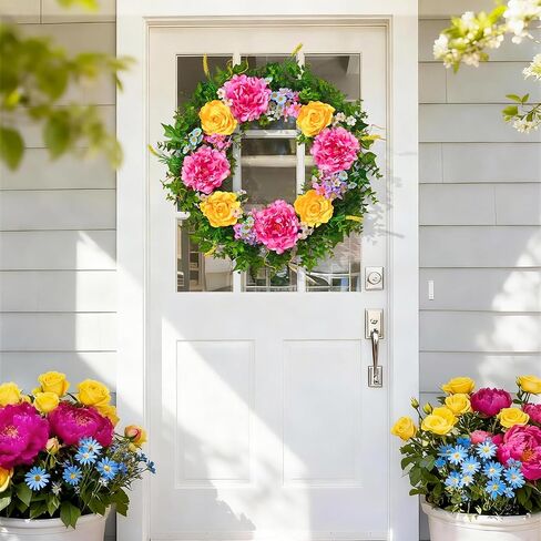 Livole 24 Inch Summer Spring Wreaths for Front Door | Large Summer Door Wreath with Peony Rose Daisy for Indoor Outdoor Home Wall Farmhouse Patio Porch Window Decor in Saudi Arabia