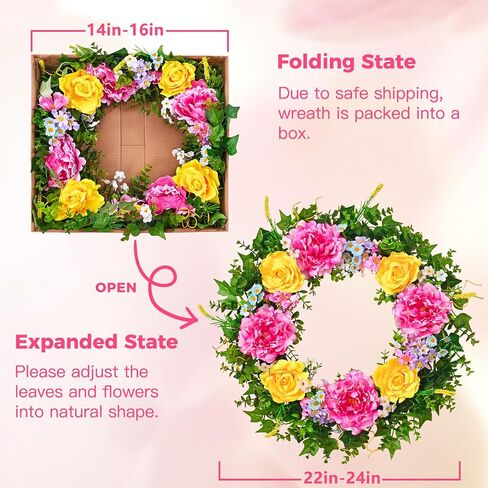 Livole 24 Inch Summer Spring Wreaths for Front Door | Large Summer Door Wreath with Peony Rose Daisy for Indoor Outdoor Home Wall Farmhouse Patio Porch Window Decor in Saudi Arabia