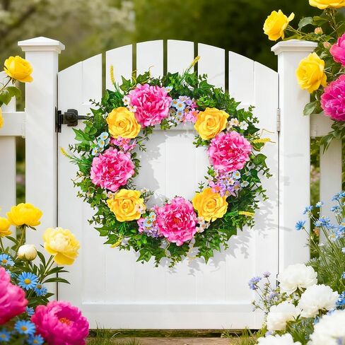 Livole 24 Inch Summer Spring Wreaths for Front Door | Large Summer Door Wreath with Peony Rose Daisy for Indoor Outdoor Home Wall Farmhouse Patio Porch Window Decor in Saudi Arabia