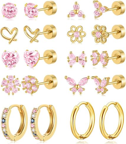 AKEOQI 10 Pairs Hypoallergenic Flat Back Earrings Gold Silver Plated Surgical Steel Small Stud Huggie Hoop Earring for Women Butterfly Flower Heart Bow Pink CZ Stack Cartilage Earrings Set 20G 10 MM in Saudi Arabia