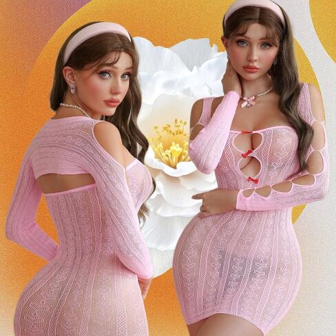 Women‘s Pink 2-Piece Fishnet Set | Long Sleeve Sheer Cover Up & Bow Front Bustier Mini Dress | Matching Lingerie Set for Date, Party, Bridal Shower in Kuwait