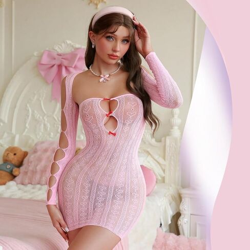 Women‘s Pink 2-Piece Fishnet Set | Long Sleeve Sheer Cover Up & Bow Front Bustier Mini Dress | Matching Lingerie Set for Date, Party, Bridal Shower in Kuwait