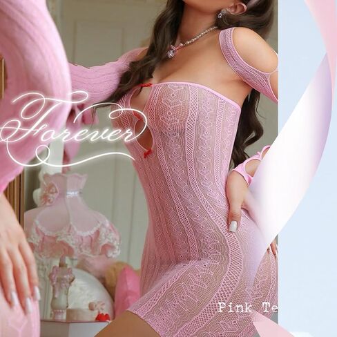 Women‘s Pink 2-Piece Fishnet Set | Long Sleeve Sheer Cover Up & Bow Front Bustier Mini Dress | Matching Lingerie Set for Date, Party, Bridal Shower in Kuwait