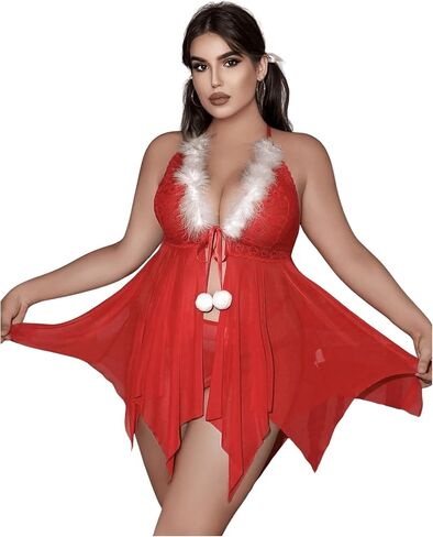OYOANGLE Women's Plus Size Babydoll Lingerie Set Fuzzy Trim Criss Cross Open Front Chemise Nightgown with Thongs in Kuwait