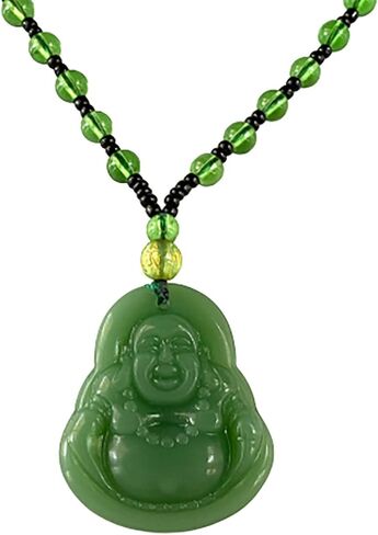 Laughing Buddha Green Jade Stabilized Turquoise Pendant 26" Necklace Bead Carved Long Large Boho Chain Genuine Certified Grade A Jadeite Hand Crafted, Jade Medallion in Kuwait