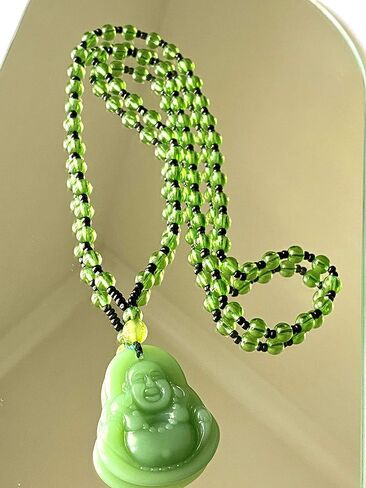 Laughing Buddha Green Jade Stabilized Turquoise Pendant 26" Necklace Bead Carved Long Large Boho Chain Genuine Certified Grade A Jadeite Hand Crafted, Jade Medallion in Kuwait