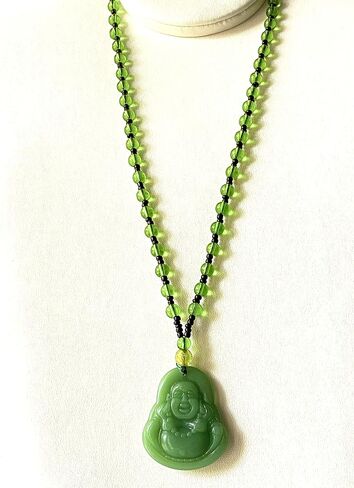 Laughing Buddha Green Jade Stabilized Turquoise Pendant 26" Necklace Bead Carved Long Large Boho Chain Genuine Certified Grade A Jadeite Hand Crafted, Jade Medallion in Kuwait