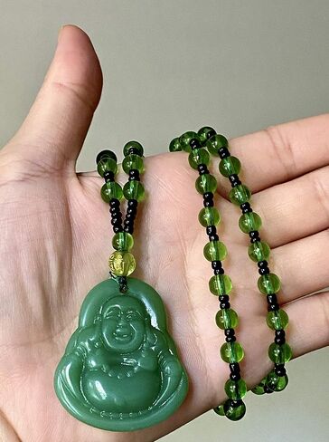 Laughing Buddha Green Jade Stabilized Turquoise Pendant 26" Necklace Bead Carved Long Large Boho Chain Genuine Certified Grade A Jadeite Hand Crafted, Jade Medallion in Kuwait