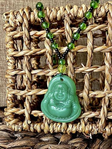 Laughing Buddha Green Jade Stabilized Turquoise Pendant 26" Necklace Bead Carved Long Large Boho Chain Genuine Certified Grade A Jadeite Hand Crafted, Jade Medallion in Kuwait