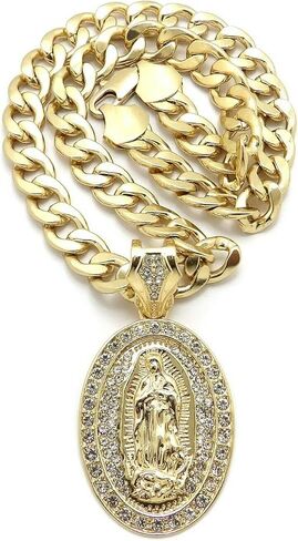 Gold Plated Virgin Mary Guadalupe Oval Pendant & 10mm 18" 20" 24" 30" Cuban Chain Hip Hop Jewelry Necklace in Kuwait