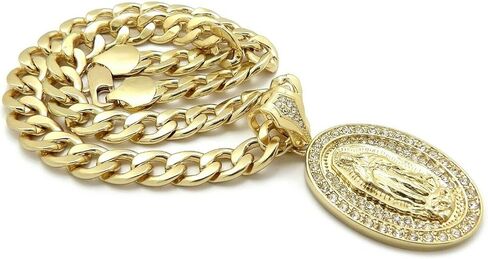 Gold Plated Virgin Mary Guadalupe Oval Pendant & 10mm 18" 20" 24" 30" Cuban Chain Hip Hop Jewelry Necklace in Kuwait