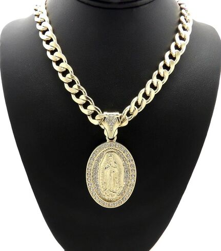 Gold Plated Virgin Mary Guadalupe Oval Pendant & 10mm 18" 20" 24" 30" Cuban Chain Hip Hop Jewelry Necklace in Kuwait