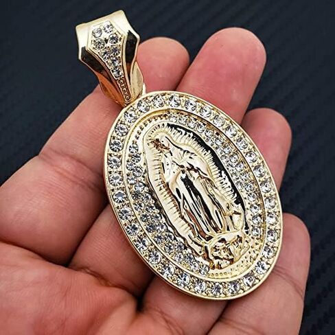 Gold Plated Virgin Mary Guadalupe Oval Pendant & 10mm 18" 20" 24" 30" Cuban Chain Hip Hop Jewelry Necklace in Kuwait