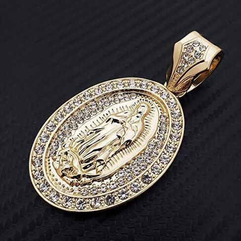 Gold Plated Virgin Mary Guadalupe Oval Pendant & 10mm 18" 20" 24" 30" Cuban Chain Hip Hop Jewelry Necklace in Kuwait