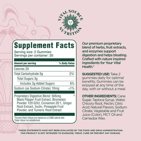 Vital Source Nutrition - AiRi - Debloat Support Gummies - Natural Digestive Blend with Enzymes & Herbal Extracts - Supports Gut Balance & Digestive Comfort - Supplements for Women - 30 Servings in Saudi Arabia