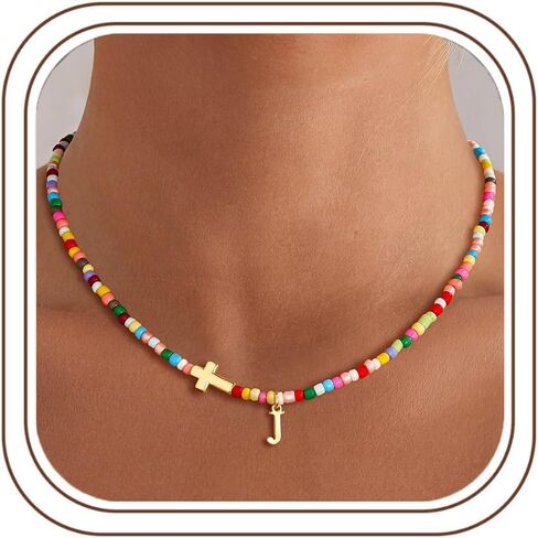 Turandoss Colorful Beaded Cross Initial Necklaces for Girls Women - Baptism Gifts for Girls Kids Colorful Beaded Necklace Initial Cross Necklaces Christian Gifts for Women First Communion Gift in Kuwait