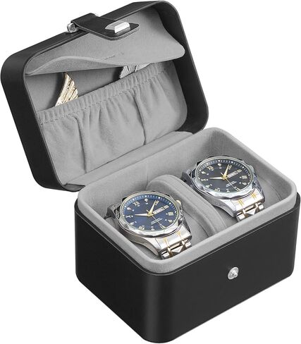 SONGMICS 2 Watch Travel Case, 2-Slot Watch Box, Pillow with Hidden Storage, Adjustable Divider, Flap Pocket, 4 x 4.7 x 3.3 Inches, Fathers Day Gift for Dad, Black Surface, Dove Gray Lining UJWB029GD01 in Kuwait