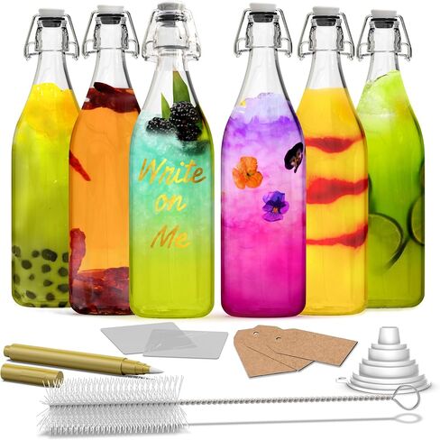 Nevlers 33 Oz Round Swing Top Glass Bottles with Airtight Lid | Flip Top Glass Bottle 6 Pack with Shrink Wrap, Funnel, Brush, Tags & Marker | Kombucha Bottles with Stoppers | Large Beer Bottle Bundle in Kuwait