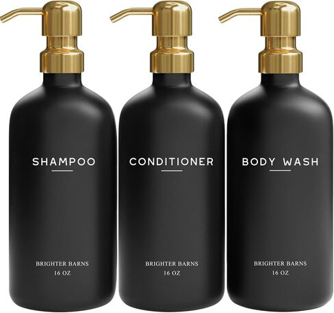 Luxury Shampoo and Conditioner Dispenser Set by Brighter Barns - Empty Shampoo Bottles Refillable with Gold Pump - Plastic Shower Soap Dispenser for Modern Bathroom Decor in Airbnb, Spa (Amber Gold) in Saudi Arabia