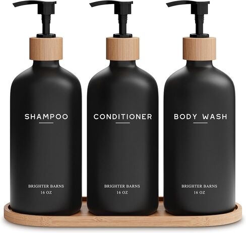 Black Shampoo and Conditioner Dispenser Set by Brighter Barns - Body Wash, Shampoo Dispenser for Shower with Pump - Refillable Plastic Shower Soap Dispenser for Bathroom Decor in Home, Airbnb (Black) in Saudi Arabia
