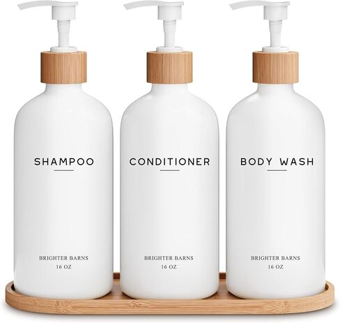 Black Shampoo and Conditioner Dispenser Set by Brighter Barns - Body Wash, Shampoo Dispenser for Shower with Pump - Refillable Plastic Shower Soap Dispenser for Bathroom Decor in Home, Airbnb (Black) in Saudi Arabia