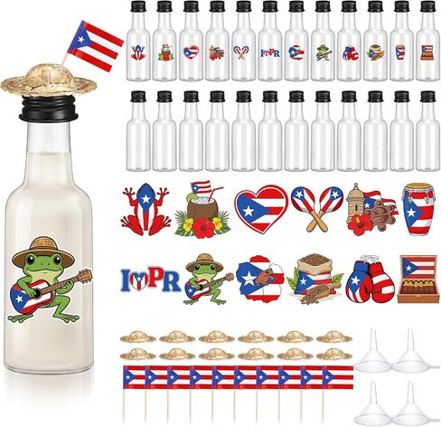 24 Sets Mini Puerto Rico Coquito Swing Top Bottle Plastic Wine Bottles with Airtight Cap Puerto Rico Stickers Mini Hats and Flags Convenient Funnels for Homemade Brewing Beverages Liqueur in Kuwait