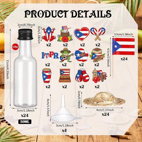 24 Sets Mini Puerto Rico Coquito Swing Top Bottle Plastic Wine Bottles with Airtight Cap Puerto Rico Stickers Mini Hats and Flags Convenient Funnels for Homemade Brewing Beverages Liqueur in Kuwait