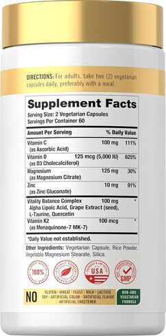 Carlyle Vitamin D3 K2 | 5000 IU D3 & 100 mcg Vitamin K2 (MK7) | 120 Capsules | with Magnesium and Zinc | Vegetarian, Non-GMO, Gluten Free Supplement in Kuwait