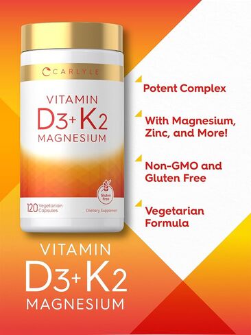 Carlyle Vitamin D3 K2 | 5000 IU D3 & 100 mcg Vitamin K2 (MK7) | 120 Capsules | with Magnesium and Zinc | Vegetarian, Non-GMO, Gluten Free Supplement in Kuwait