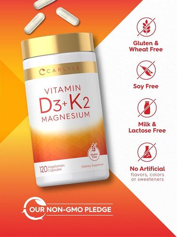 Carlyle Vitamin D3 K2 | 5000 IU D3 & 100 mcg Vitamin K2 (MK7) | 120 Capsules | with Magnesium and Zinc | Vegetarian, Non-GMO, Gluten Free Supplement in Kuwait