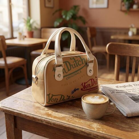 Satchel Handbag for Women, Vintage Logo Print Design, Faux Leather in Kuwait
