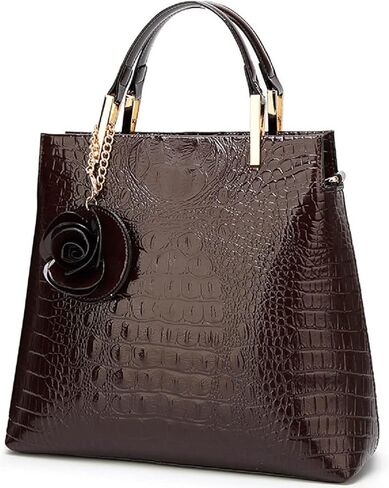 Genuine Shiny Patent Leather Crocodile Pattern Top Handle Tote Satchel Handbag for Women with Flower Pendant in Kuwait