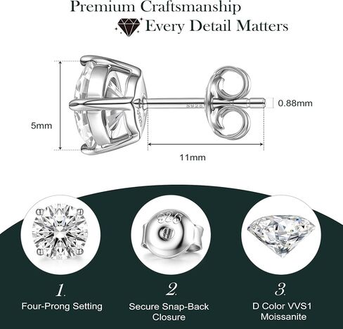 Moissanite Stud Earrings, 925 Sterling Silver Plated 18k White Gold Earrings Studs for Women Men Hypoallergenic Fashion Jewelry for Sensitive Ears in Saudi Arabia