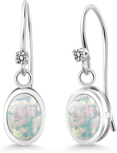 Gem Stone King 1.28 Cttw White Simulated Opal and White Diamond French Wire Earrings For Women | 925 Sterling Silver | Gemstone October Birthstone | Oval Cabochon 7X5MM and Round 1.25MM in Kuwait