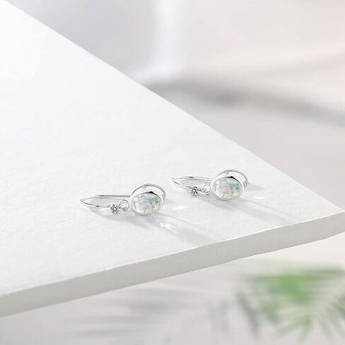 Gem Stone King 1.28 Cttw White Simulated Opal and White Diamond French Wire Earrings For Women | 925 Sterling Silver | Gemstone October Birthstone | Oval Cabochon 7X5MM and Round 1.25MM in Kuwait