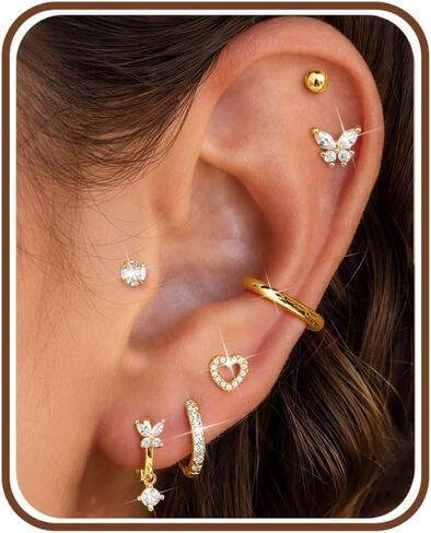 Fansilver Hypoallergenic Flat Back Earrings – 7 Pairs 14K Gold Plated Surgical Steel Stud & Hoop Set for Sensitive Ears, CZ Heart Flower Butterfly Cartilage Earring Stacks in Saudi Arabia