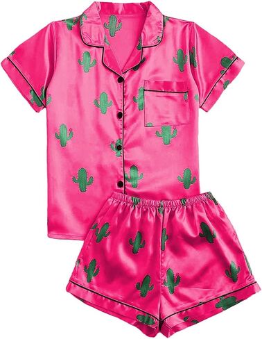 Remidoo Women's Short Sleeve Button Down Satin 2 Piece Pajama Set Sleepwear in Kuwait