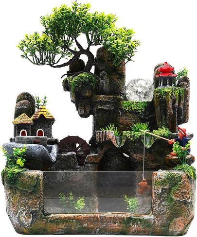 Water Fountain Rockery Ornaments with Fish Tanks,Desktop Water Fountain with Fish Tank,with LED Light and Mist Maker,Resin Zen Waterfall Fountain Decor for Home Office Living Room Desk Decorat in Saudi Arabia