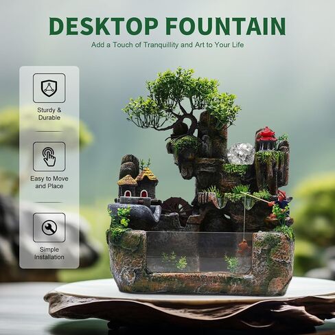 Water Fountain Rockery Ornaments with Fish Tanks,Desktop Water Fountain with Fish Tank,with LED Light and Mist Maker,Resin Zen Waterfall Fountain Decor for Home Office Living Room Desk Decorat in Saudi Arabia