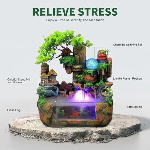 Water Fountain Rockery Ornaments with Fish Tanks,Desktop Water Fountain with Fish Tank,with LED Light and Mist Maker,Resin Zen Waterfall Fountain Decor for Home Office Living Room Desk Decorat in Saudi Arabia