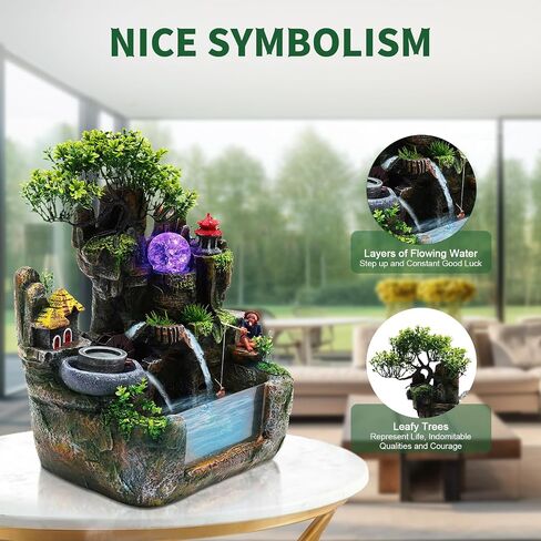 Water Fountain Rockery Ornaments with Fish Tanks,Desktop Water Fountain with Fish Tank,with LED Light and Mist Maker,Resin Zen Waterfall Fountain Decor for Home Office Living Room Desk Decorat in Saudi Arabia